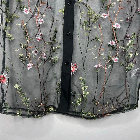 Sheer Mesh Black Embroidered Floral Top Women M Whimsigoth Dark Romantic Y2K 90s - Picture 5 of 13